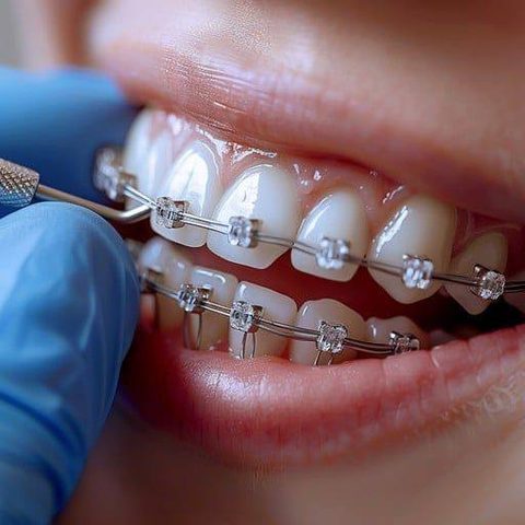 Close-up of clear ceramic braces on a smile